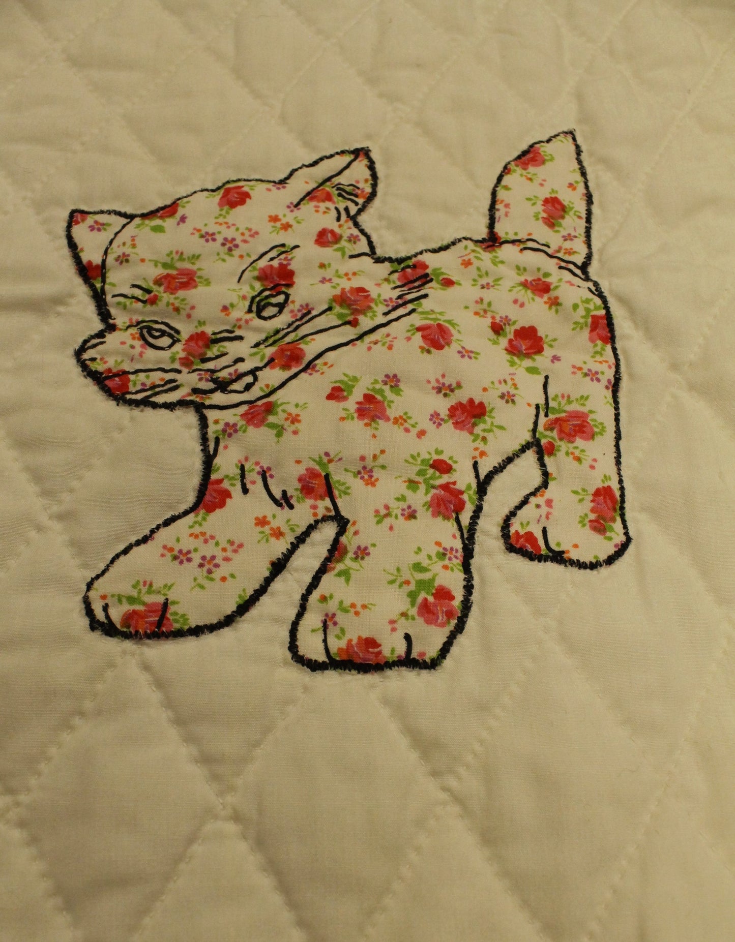 Vintage Appliqué Kitty Cat Crib Quilt/Play Mat (Yellow & Floral Prints)