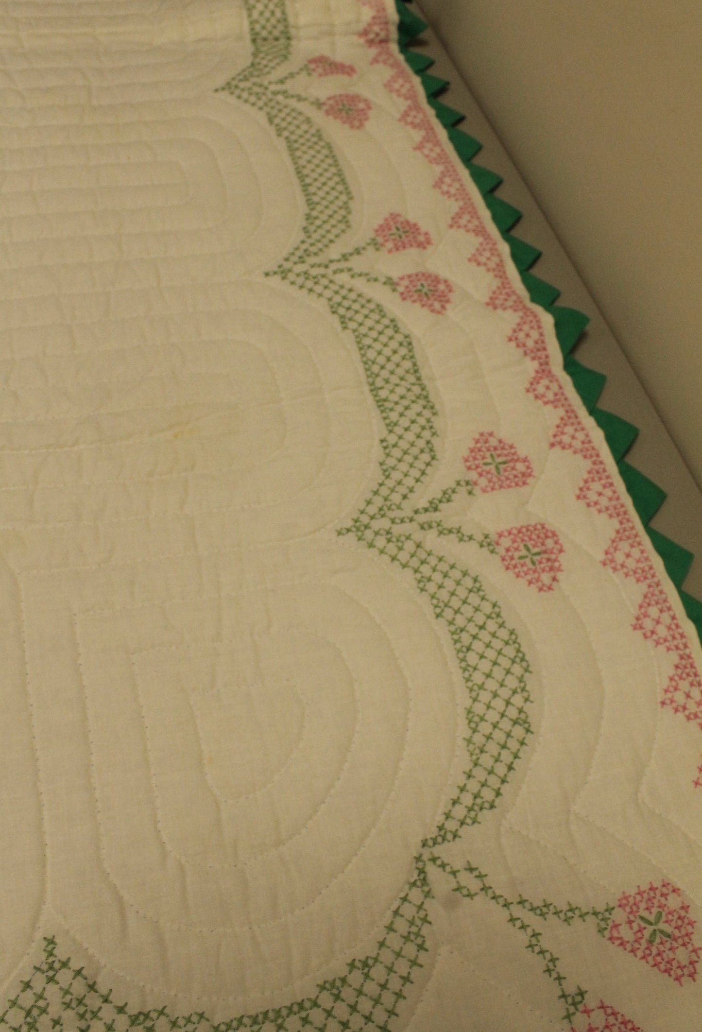 Quilted Cross-Stitch Rose Bouquet Twin Coverlet