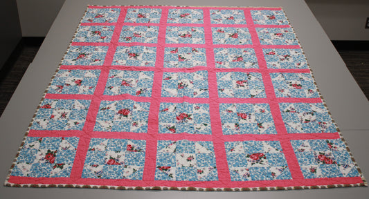 Hand-Stitched Vintage Floral Patchwork Quilt with Pink Sashing
