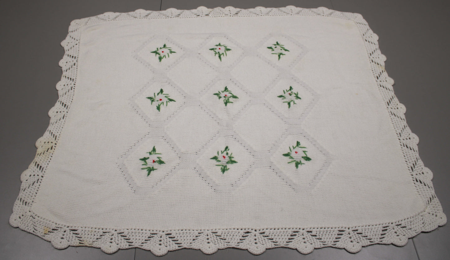 Hand-Knitted White Baby Blanket with Blue Floral Embroidery