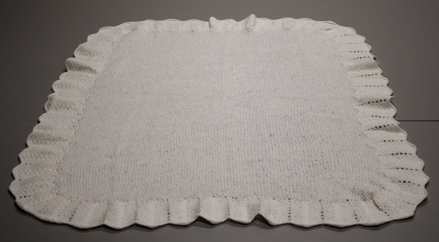 Hand-Knit Scalloped Edge White Baby Blanket