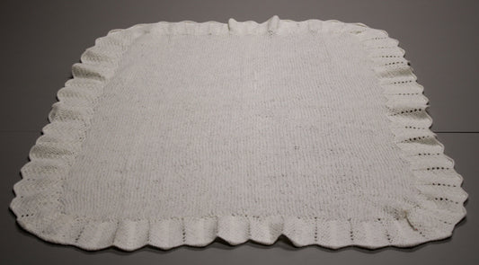 Hand-Knit Scalloped Edge White Baby Blanket