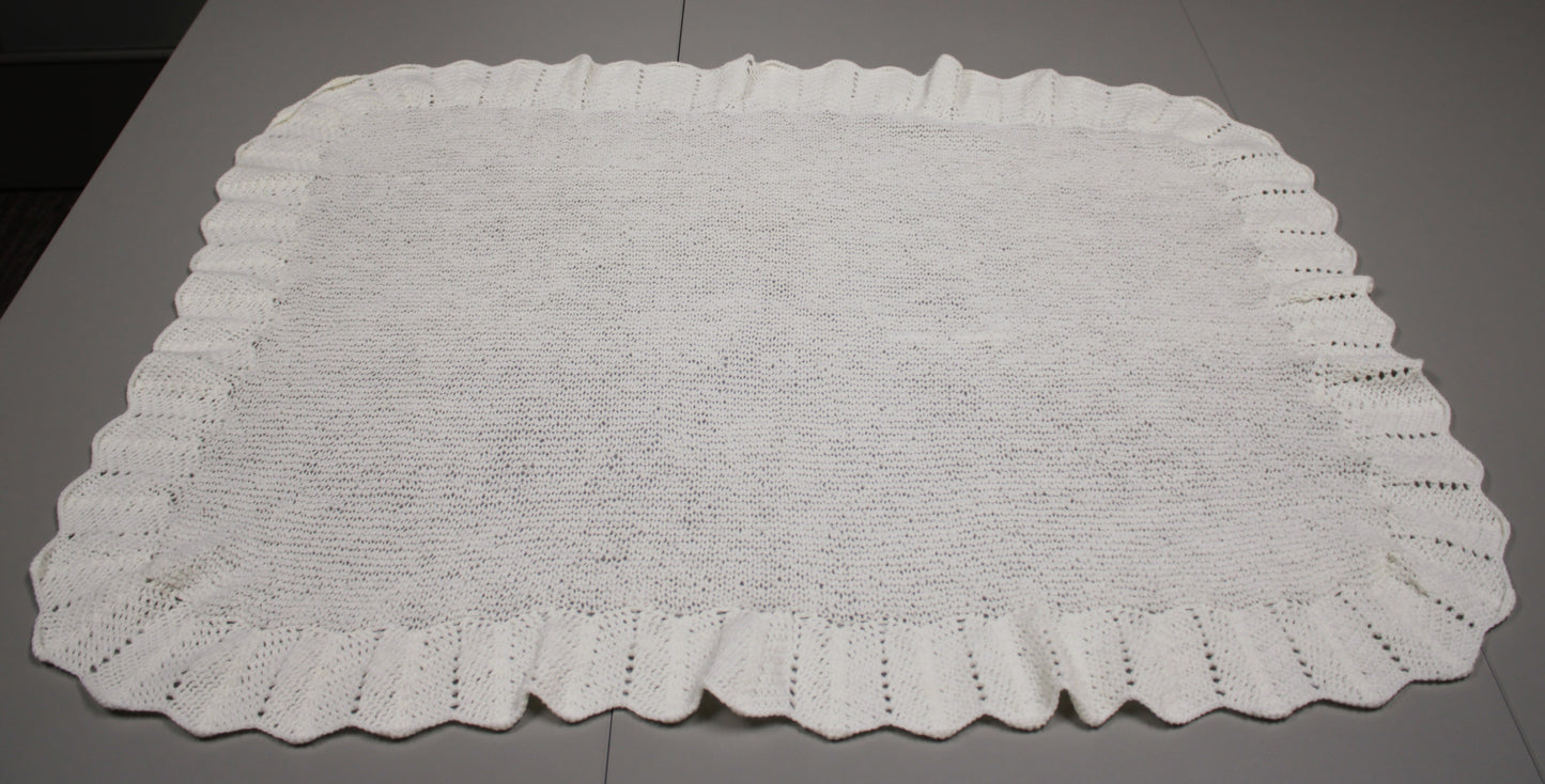 Hand-Knit Scalloped Edge White Baby Blanket