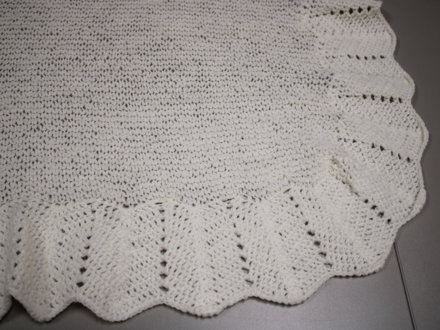 Hand-Knit Scalloped Edge White Baby Blanket