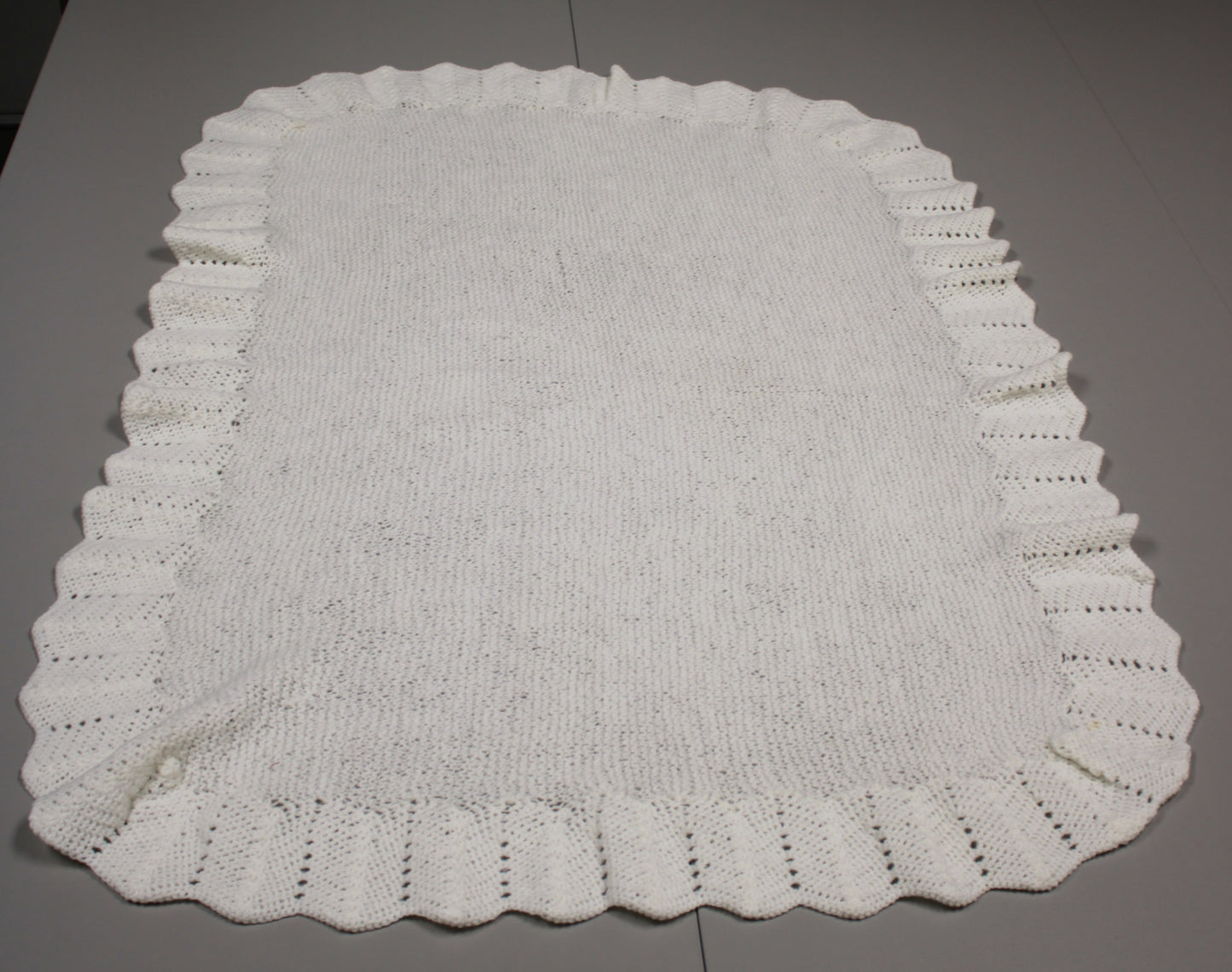 Hand-Knit Scalloped Edge White Baby Blanket