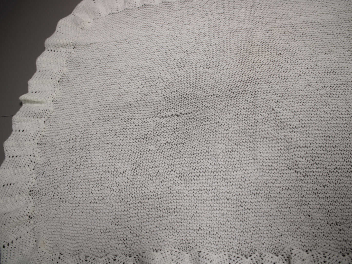 Hand-Knit Scalloped Edge White Baby Blanket