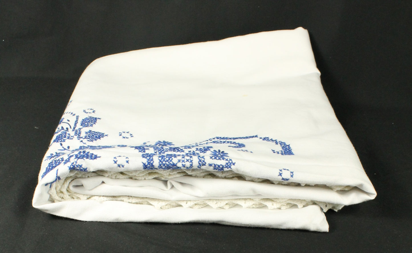 Hand Embroidered Cross-Stitch Blue/White Tablecloth