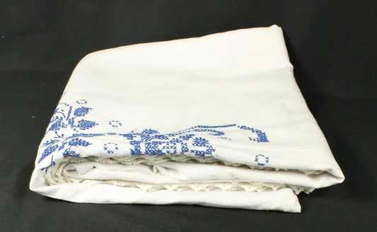 Hand Embroidered Cross-Stitch Blue/White Tablecloth