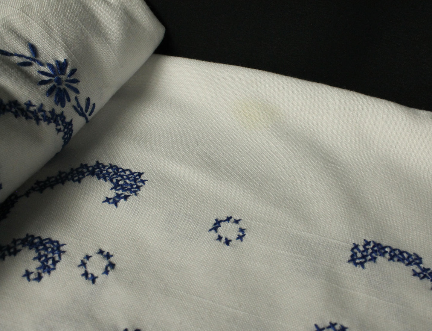 Hand Embroidered Cross-Stitch Blue/White Tablecloth