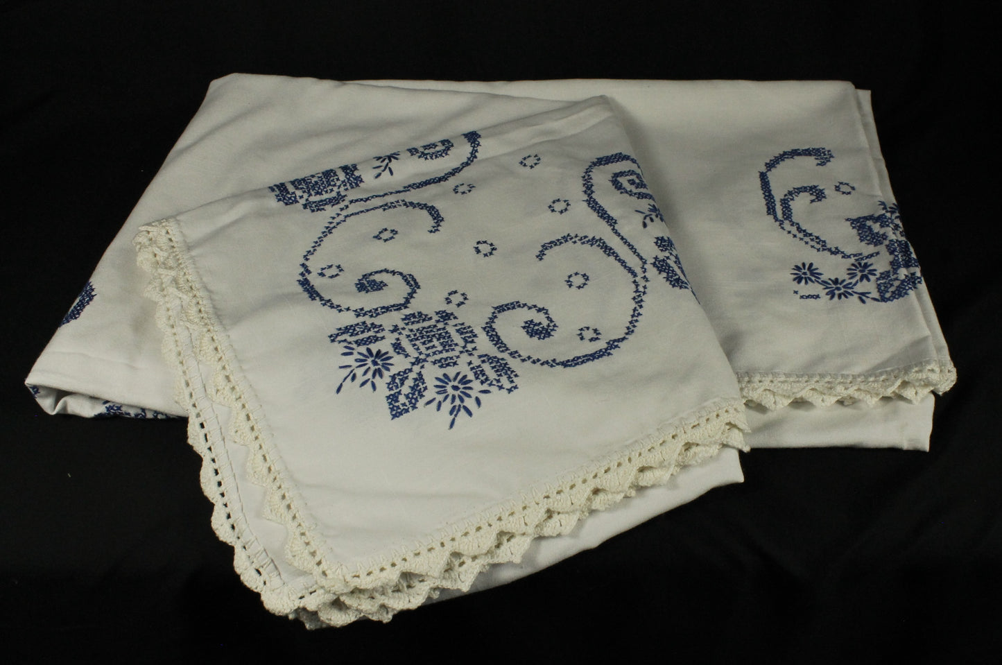 Hand Embroidered Cross-Stitch Blue/White Tablecloth