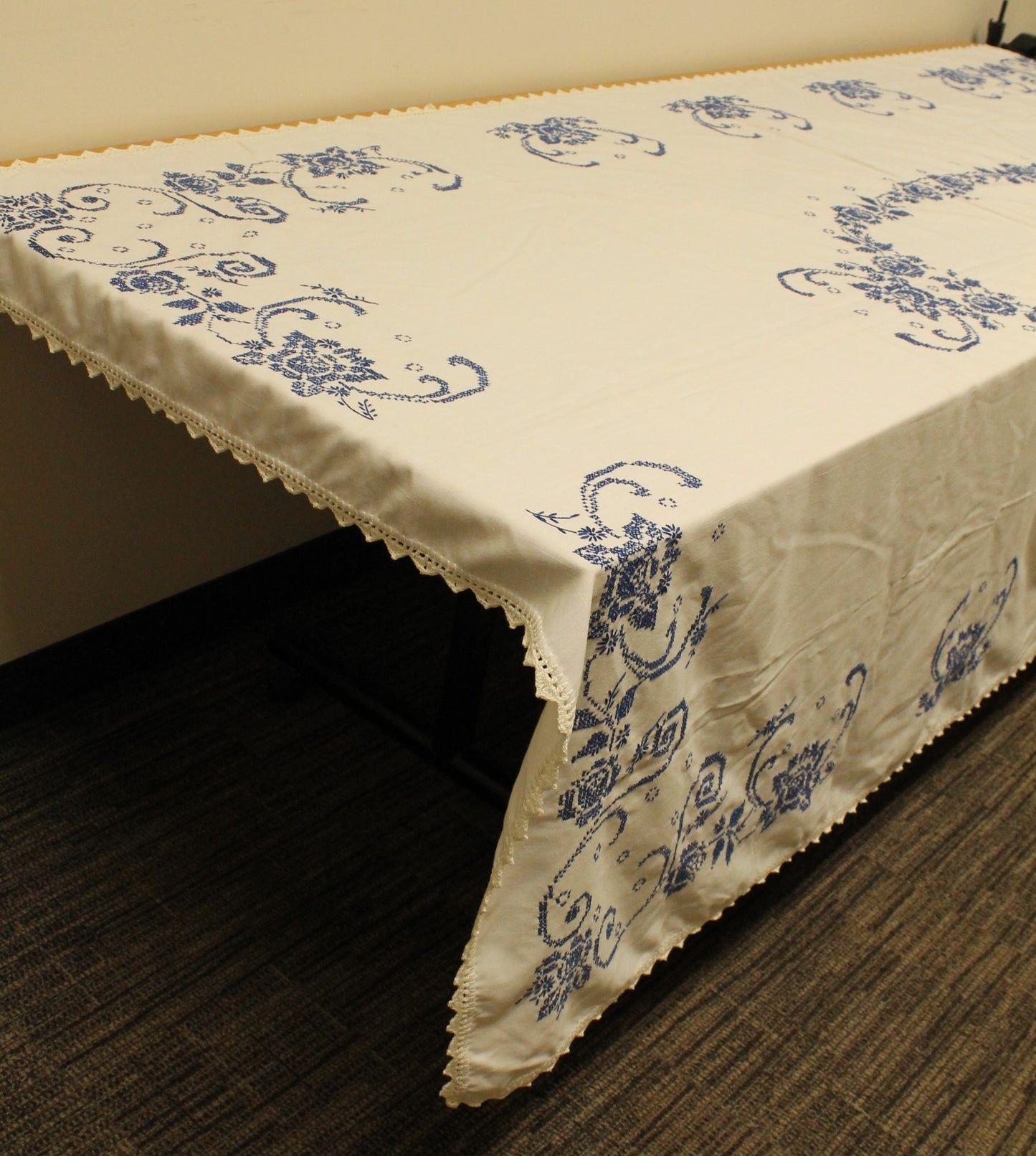 Hand Embroidered Cross-Stitch Blue/White Tablecloth