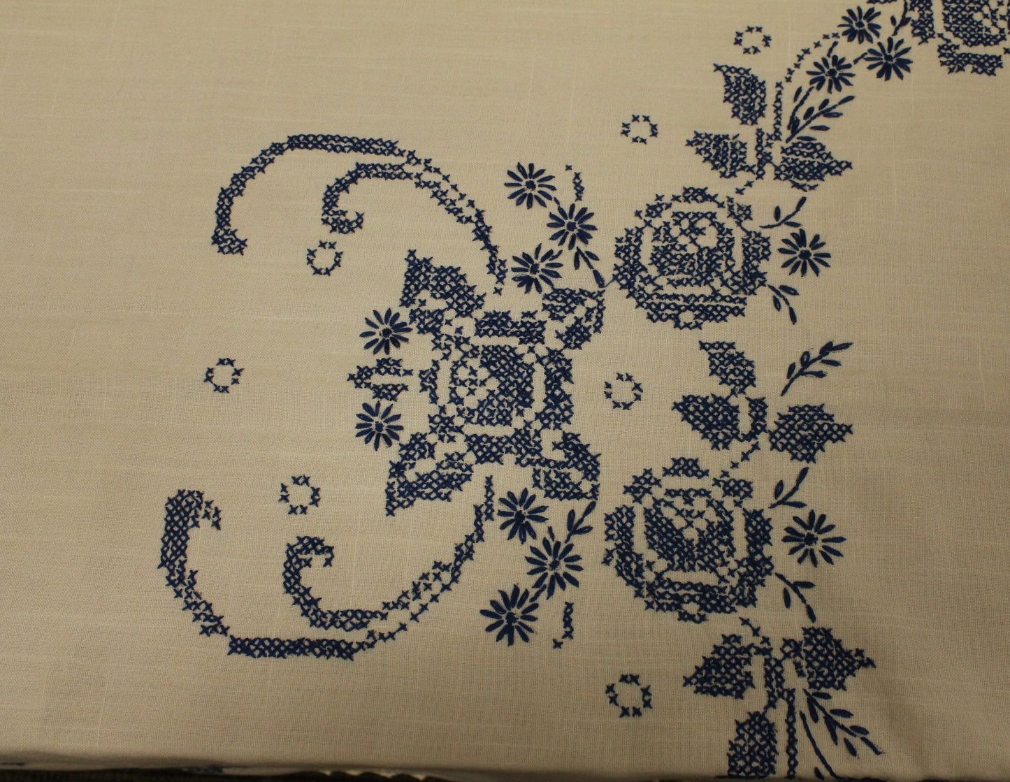 Hand Embroidered Cross-Stitch Blue/White Tablecloth