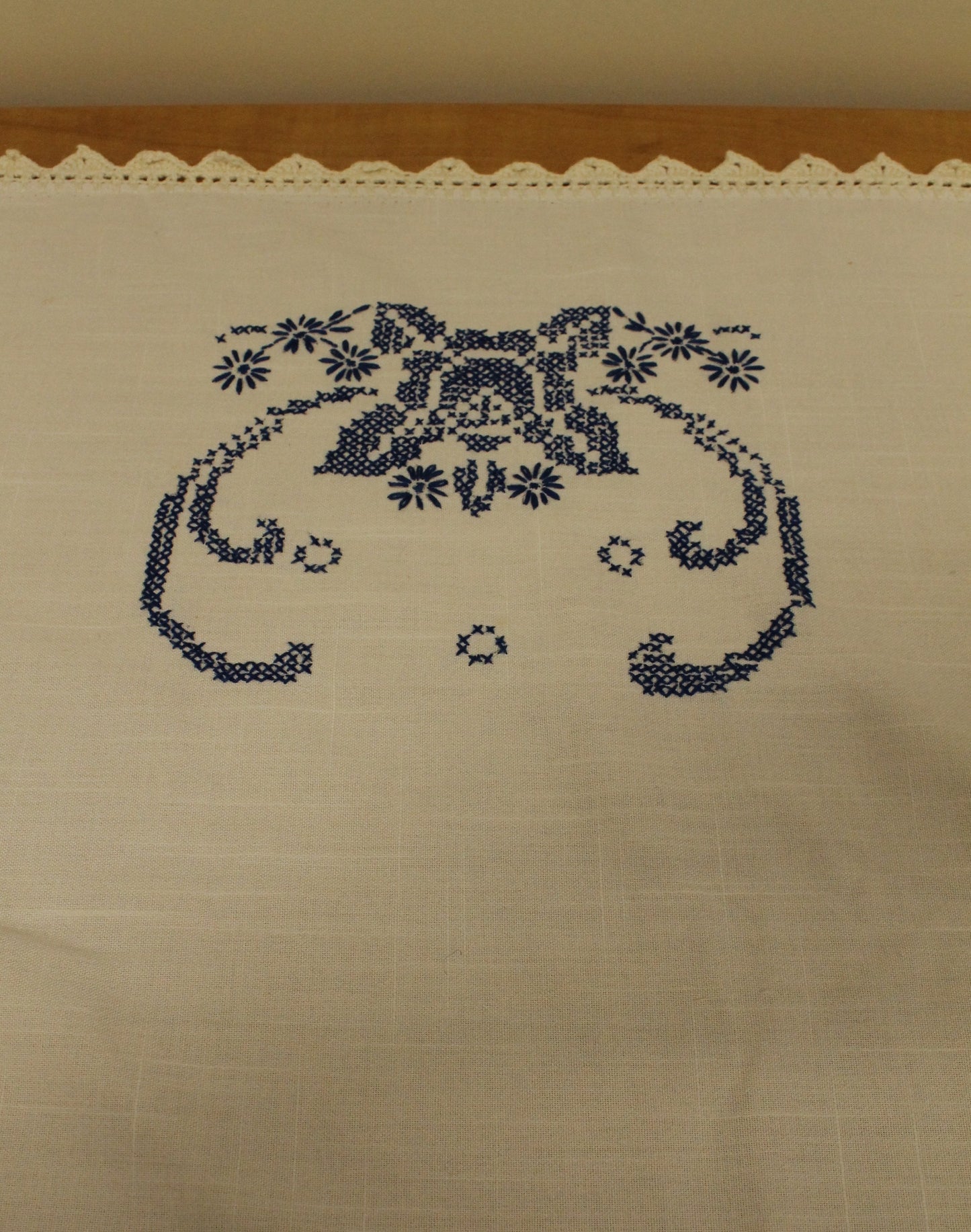 Hand Embroidered Cross-Stitch Blue/White Tablecloth