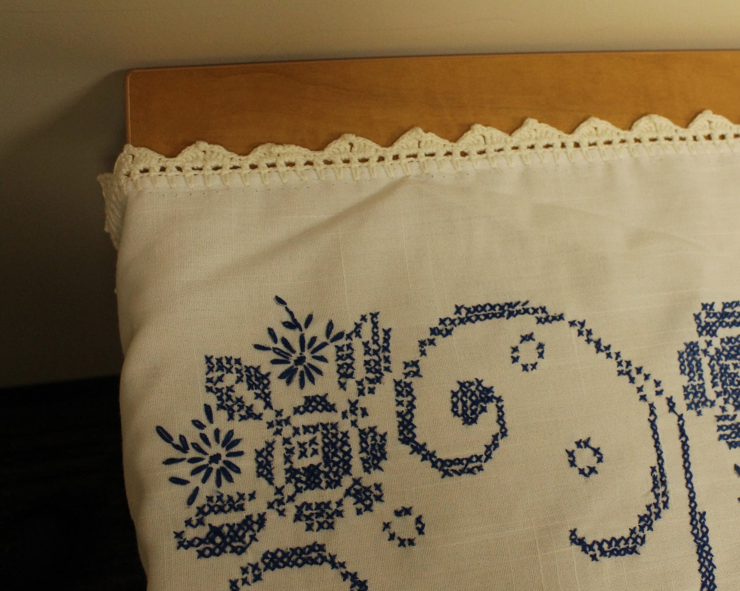 Hand Embroidered Cross-Stitch Blue/White Tablecloth