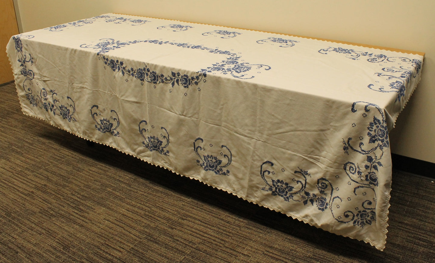 Hand Embroidered Cross-Stitch Blue/White Tablecloth