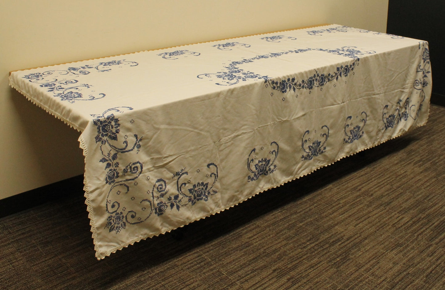 Hand Embroidered Cross-Stitch Blue/White Tablecloth