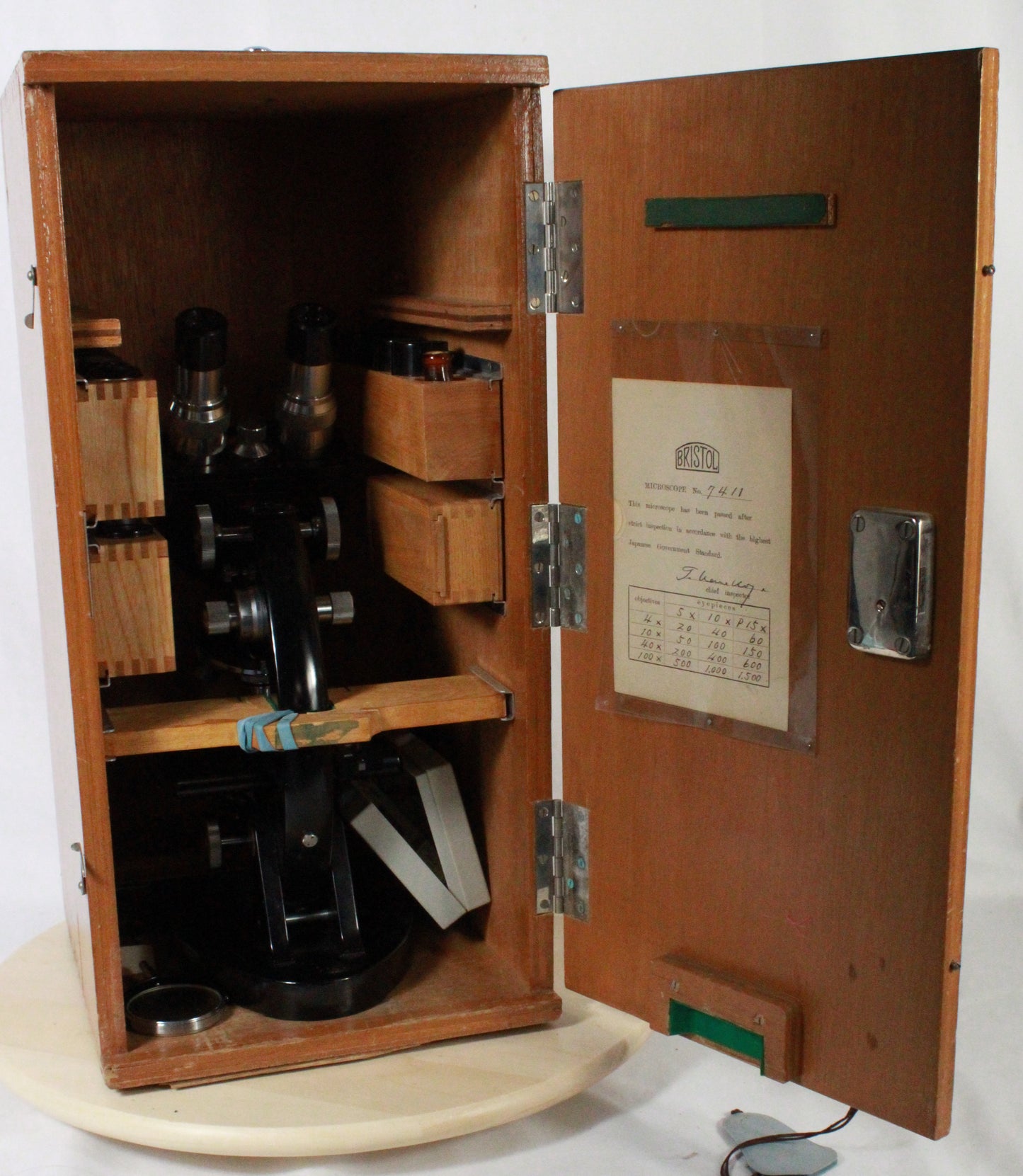 Vintage Bristol Binocular Microscope Set No. 7411 in Original Cabinet
