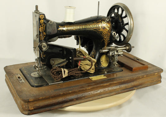 Vintage German Frister & Rossmann Sewing Machine with Gilt Decor & Original Wooden Box