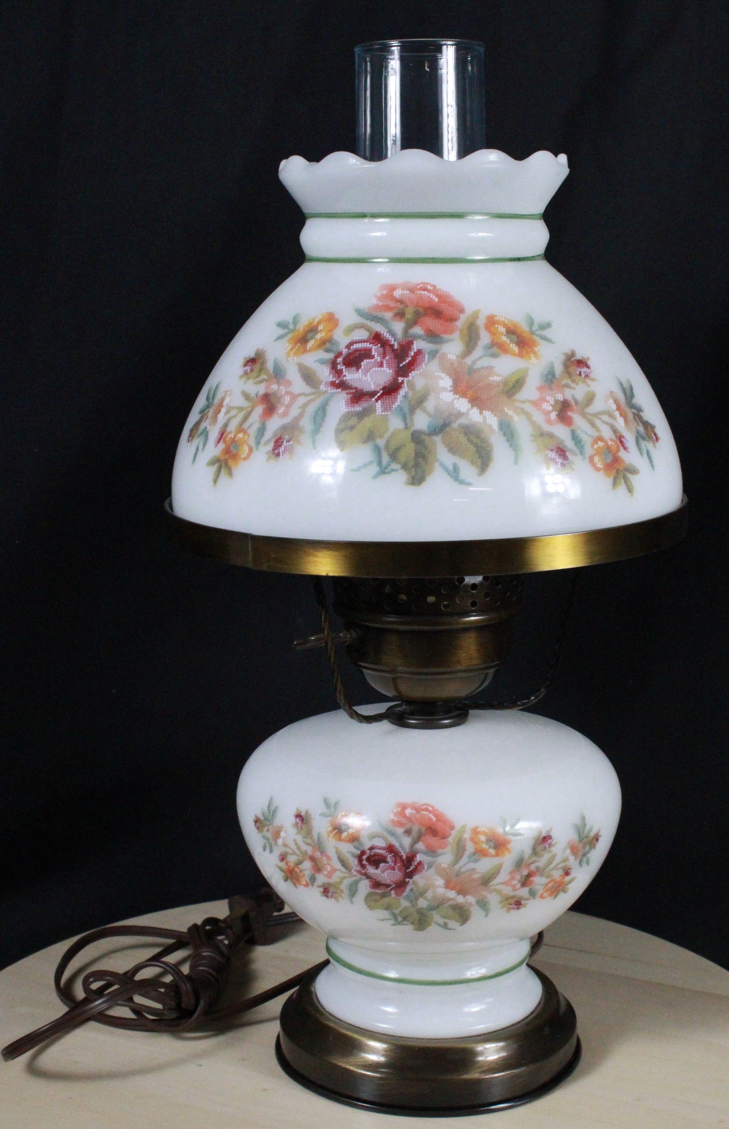 Set of Three Vintage Floral Hurricane Lamp Pair with Milk Glass Shades