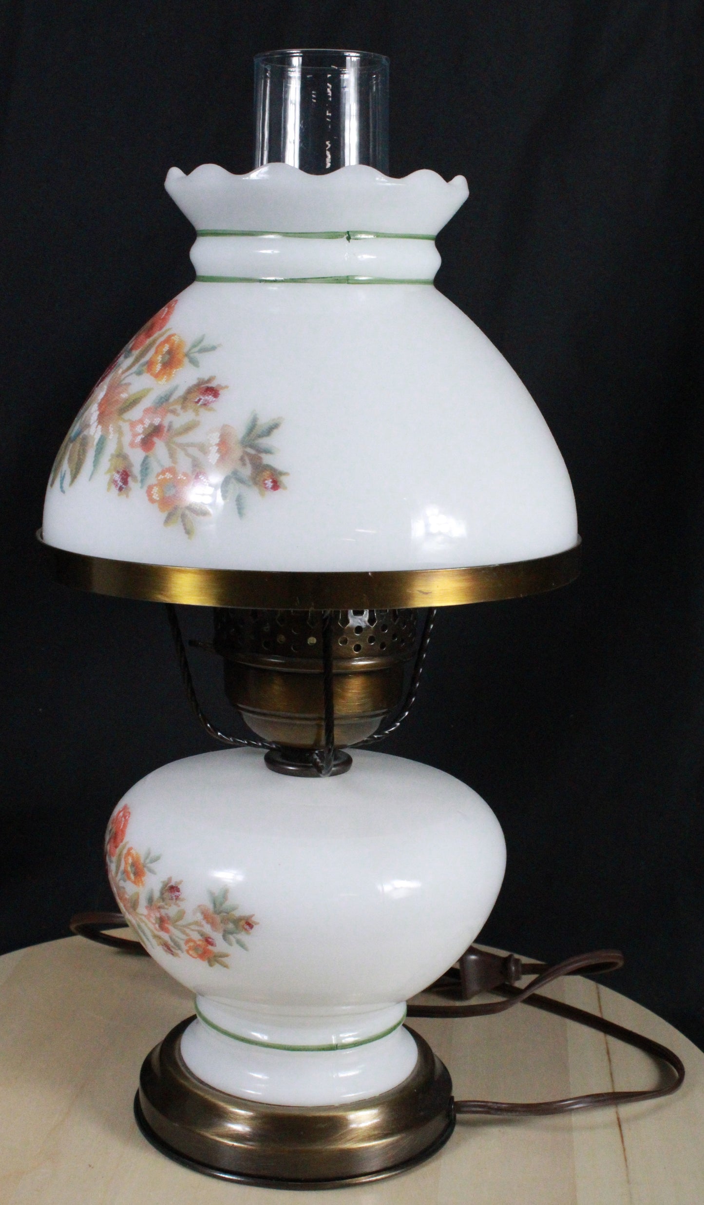 Set of Three Vintage Floral Hurricane Lamp Pair with Milk Glass Shades