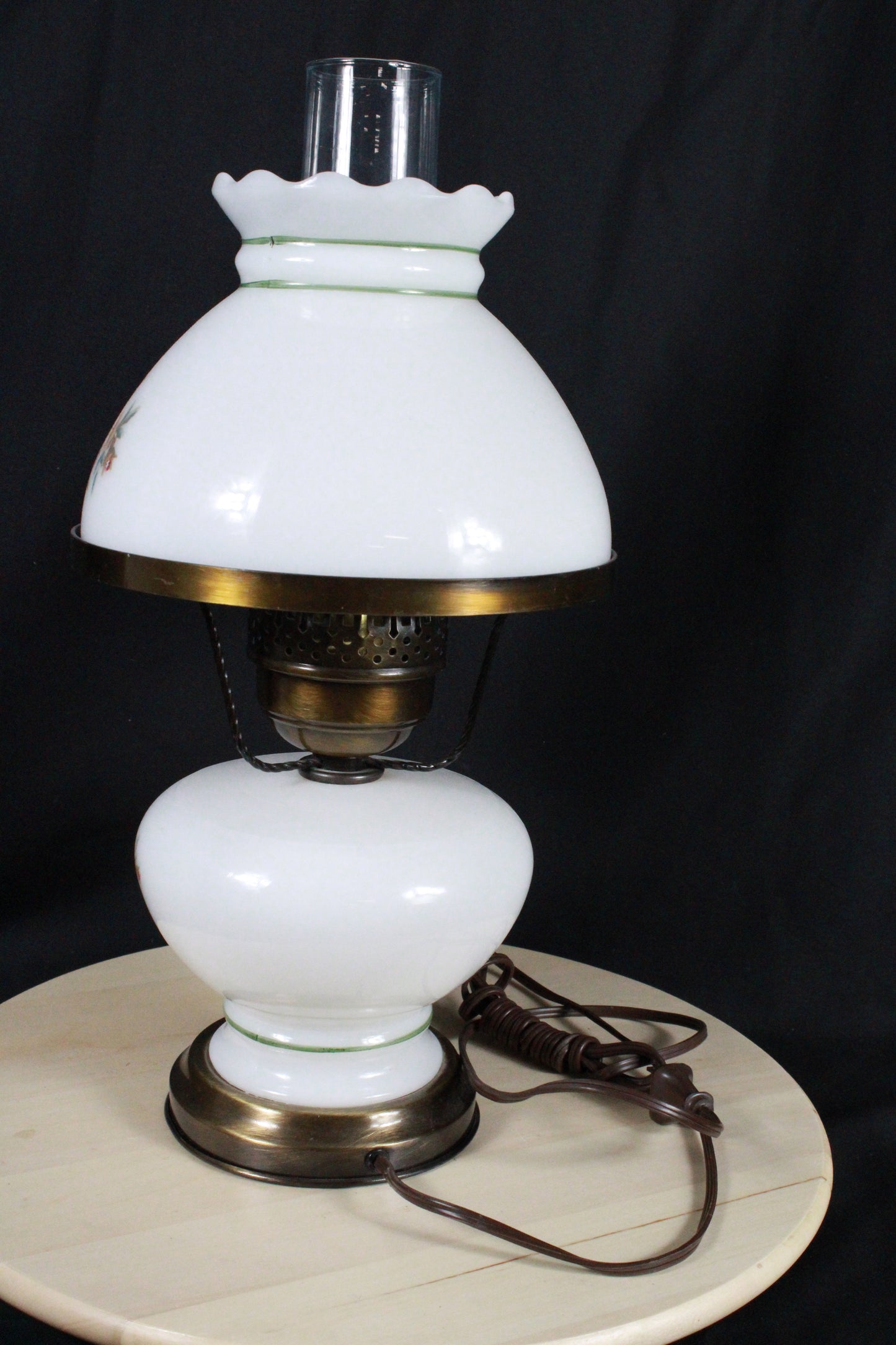 Set of Three Vintage Floral Hurricane Lamp Pair with Milk Glass Shades
