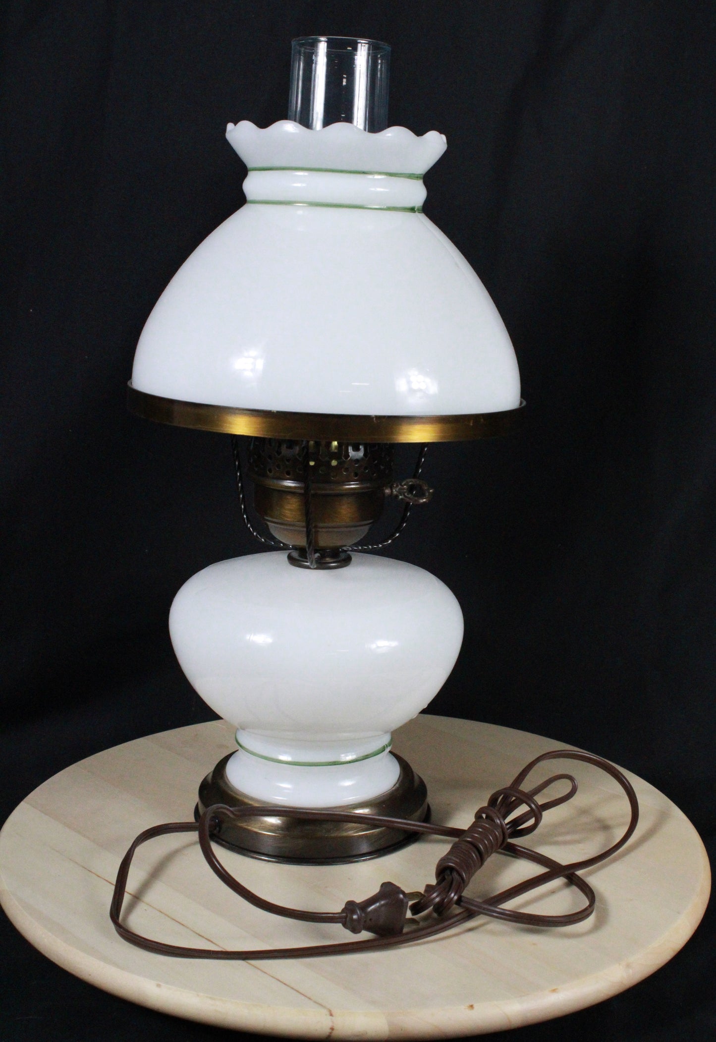 Set of Three Vintage Floral Hurricane Lamp Pair with Milk Glass Shades