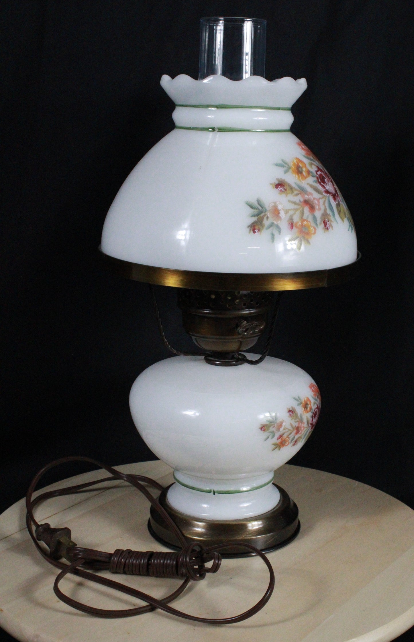 Set of Three Vintage Floral Hurricane Lamp Pair with Milk Glass Shades