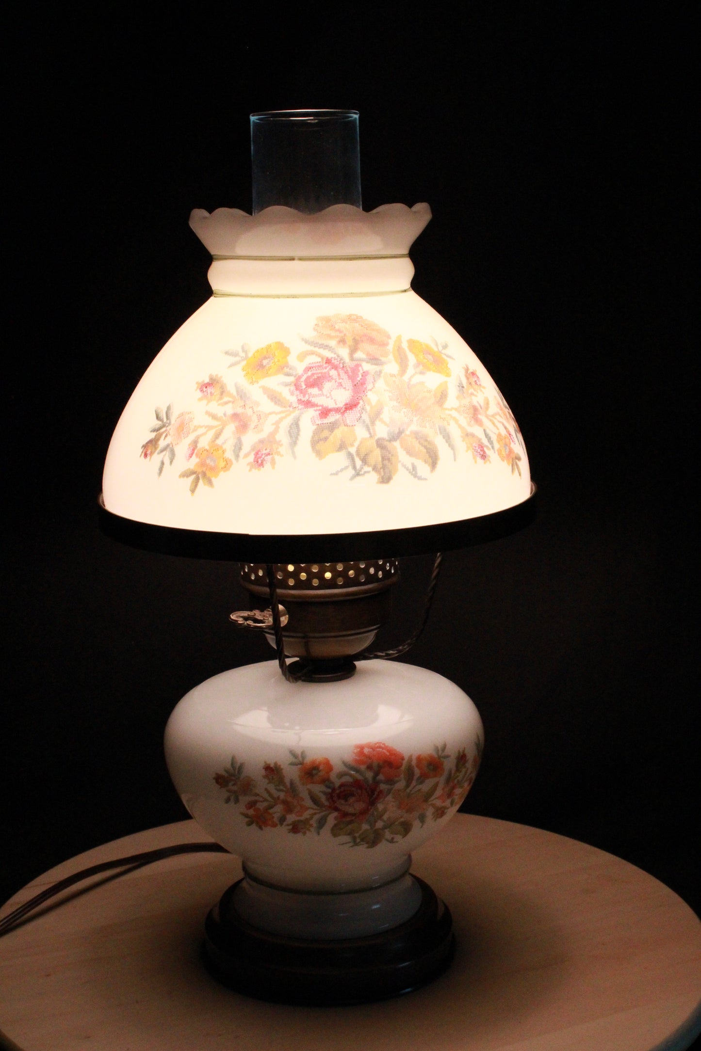 Set of Three Vintage Floral Hurricane Lamp Pair with Milk Glass Shades