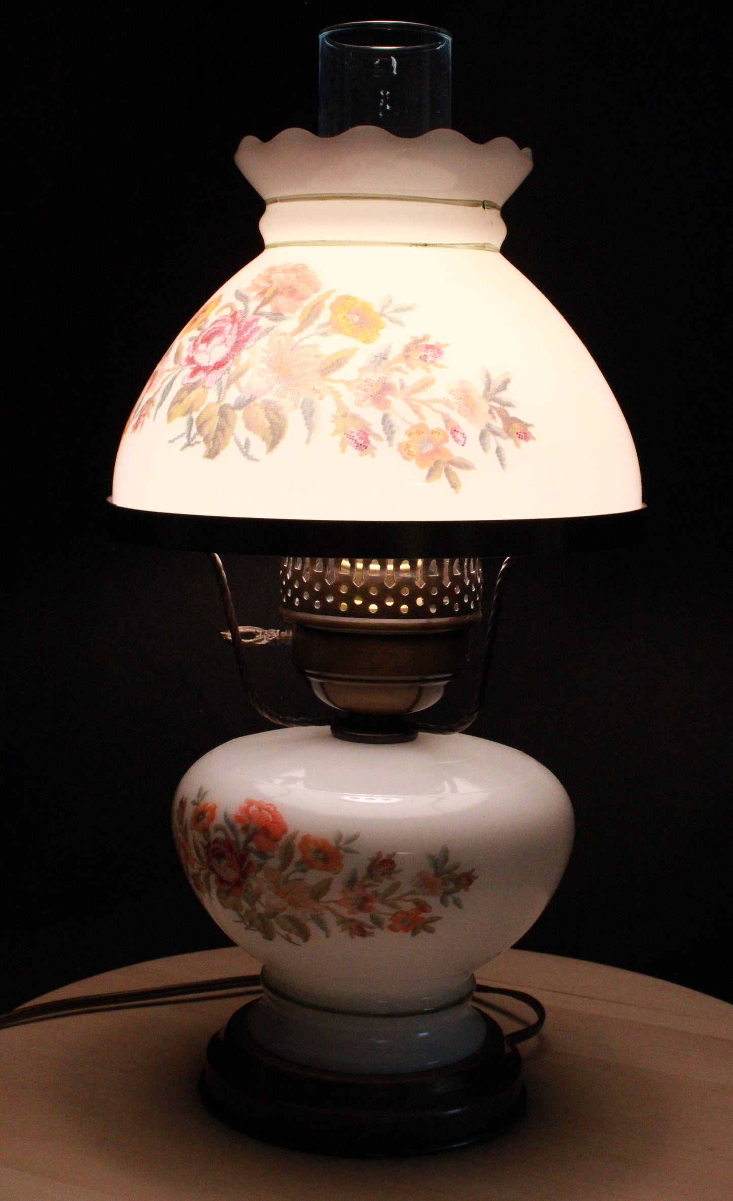 Set of Three Vintage Floral Hurricane Lamp Pair with Milk Glass Shades