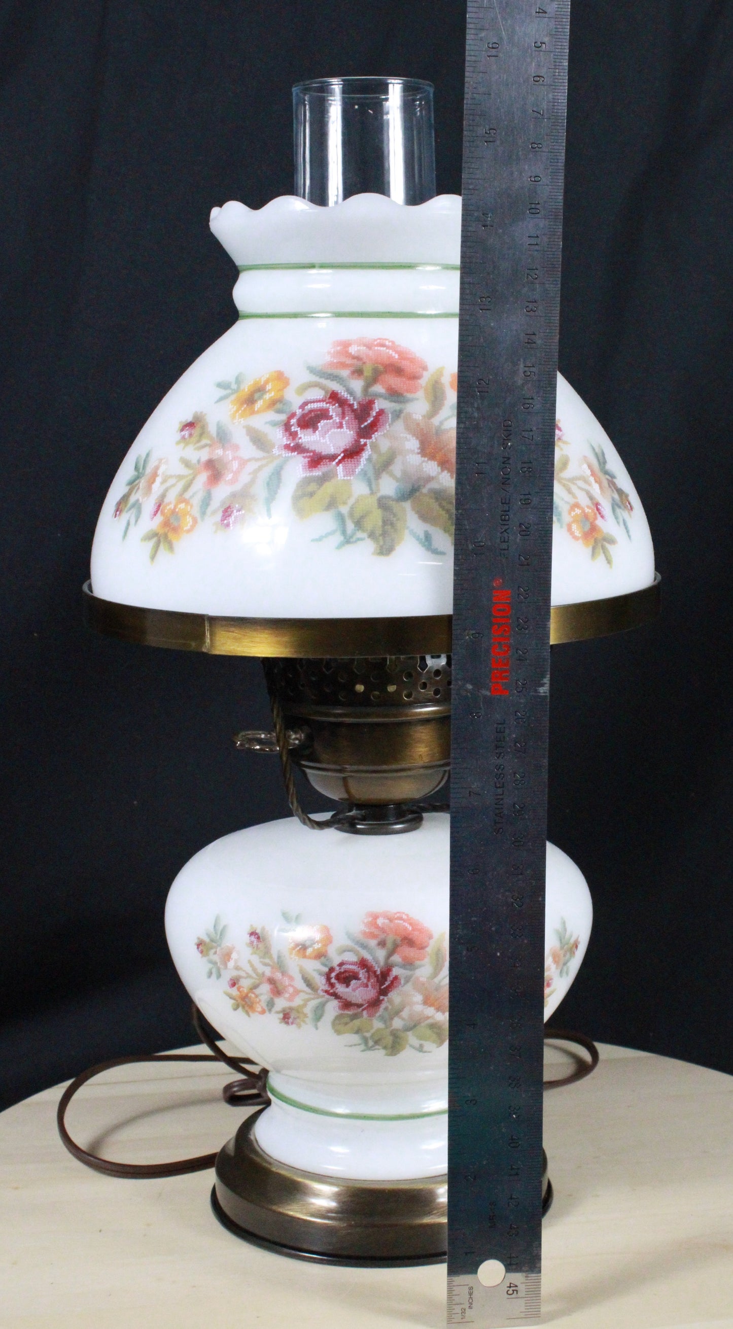 Set of Three Vintage Floral Hurricane Lamp Pair with Milk Glass Shades