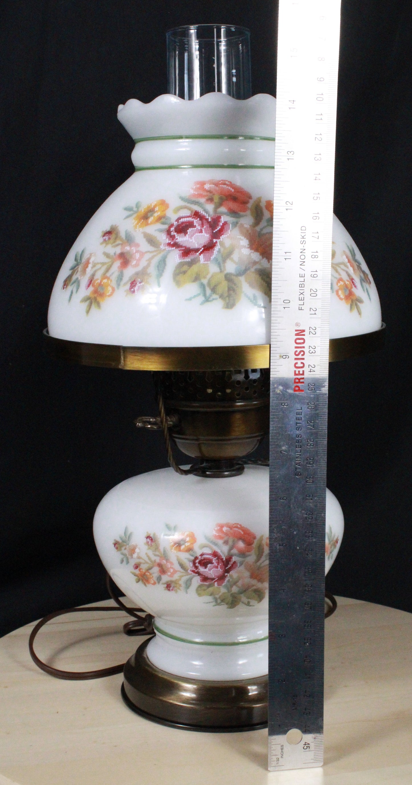 Set of Three Vintage Floral Hurricane Lamp Pair with Milk Glass Shades