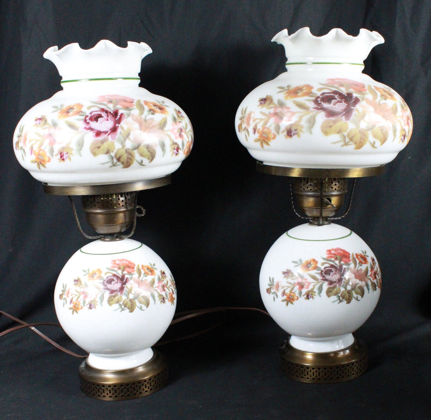 Set of Three Vintage Floral Hurricane Lamp Pair with Milk Glass Shades