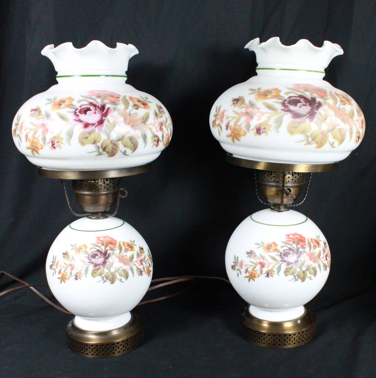 Set of Three Vintage Floral Hurricane Lamp Pair with Milk Glass Shades