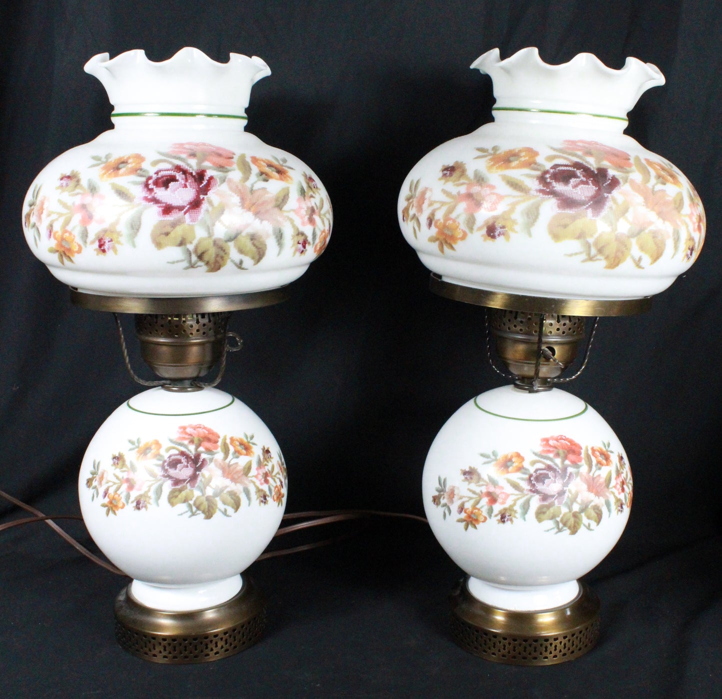 Set of Three Vintage Floral Hurricane Lamp Pair with Milk Glass Shades