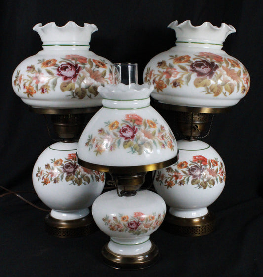 Set of Three Vintage Floral Hurricane Lamp Pair with Milk Glass Shades