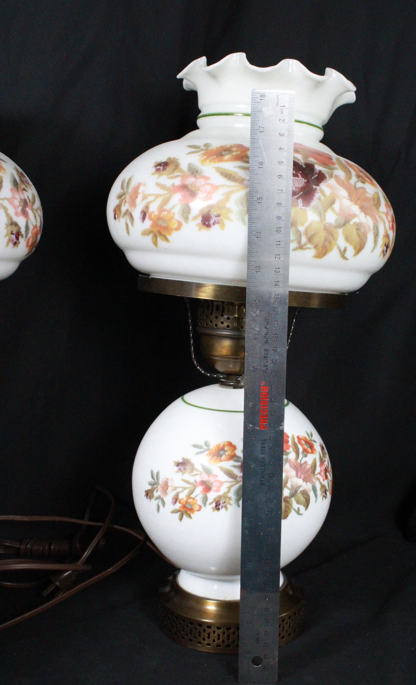 Set of Three Vintage Floral Hurricane Lamp Pair with Milk Glass Shades