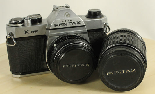Classic Pentax K1000 35mm Film SLR Camera Kit - Made in Japan - with Two SMC Pentax-M Lenses