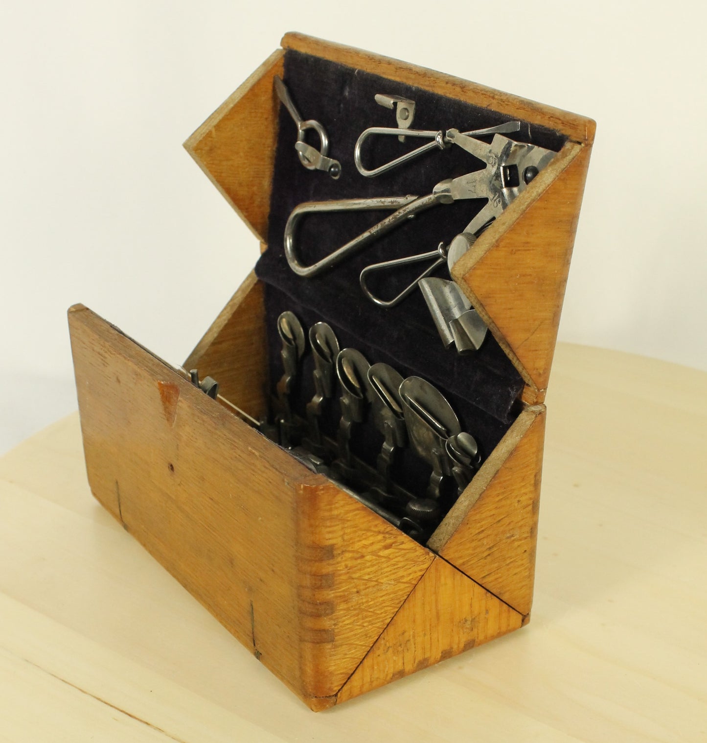 Antique 1889 Patented Singer Sewing Machine Attachment Set in Hinged Wooden Box