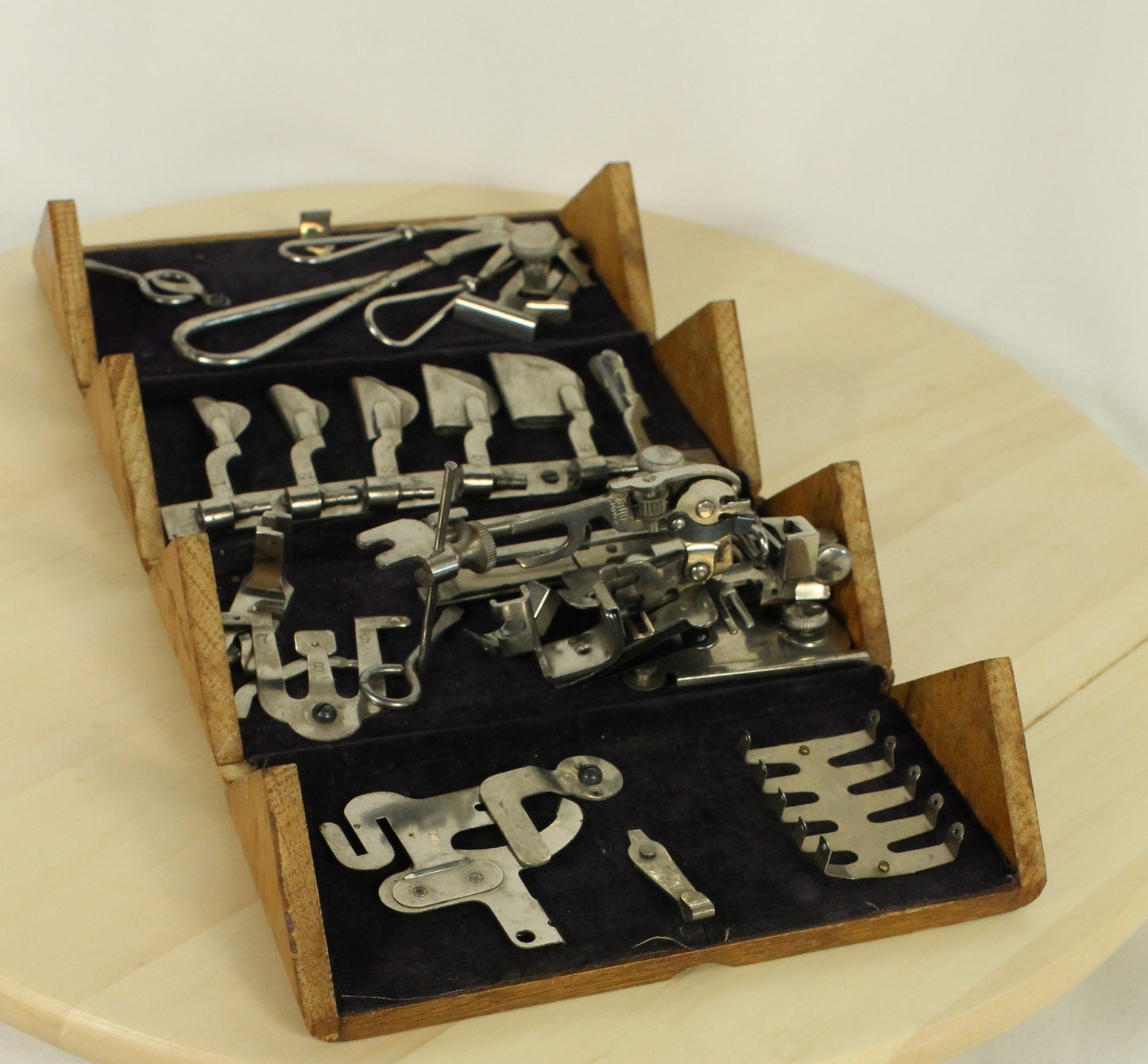 Antique 1889 Patented Singer Sewing Machine Attachment Set in Hinged Wooden Box