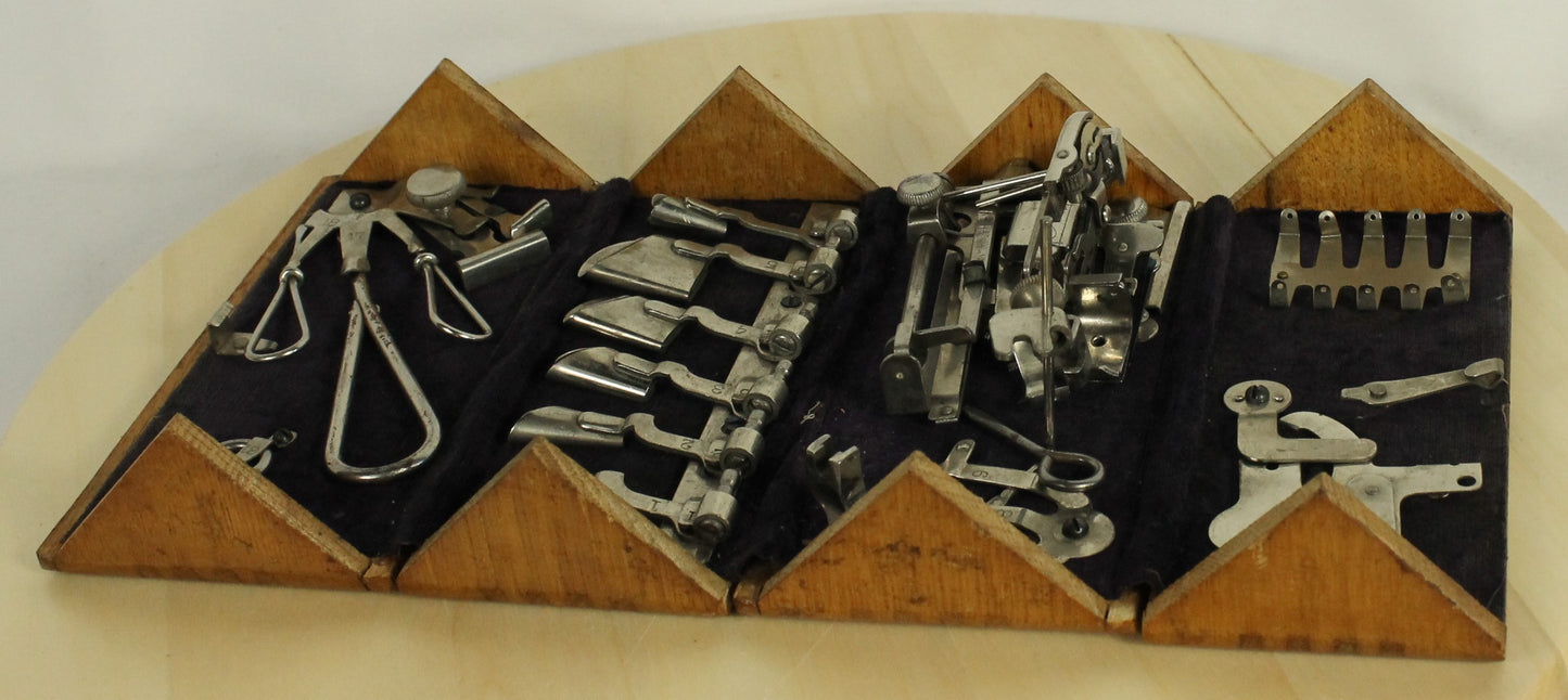 Antique 1889 Patented Singer Sewing Machine Attachment Set in Hinged Wooden Box