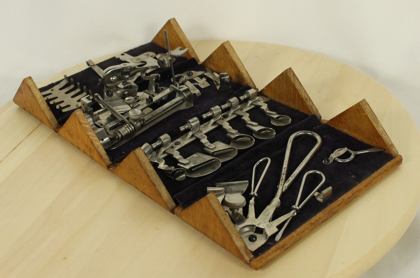 Antique 1889 Patented Singer Sewing Machine Attachment Set in Hinged Wooden Box