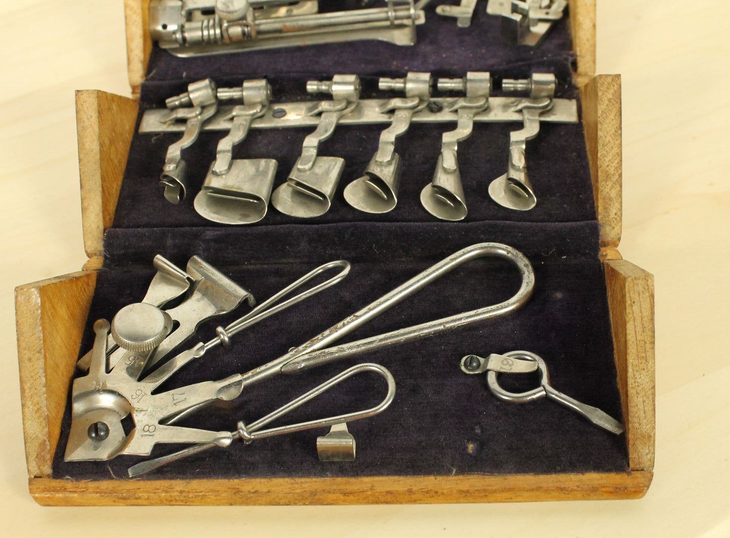 Antique 1889 Patented Singer Sewing Machine Attachment Set in Hinged Wooden Box