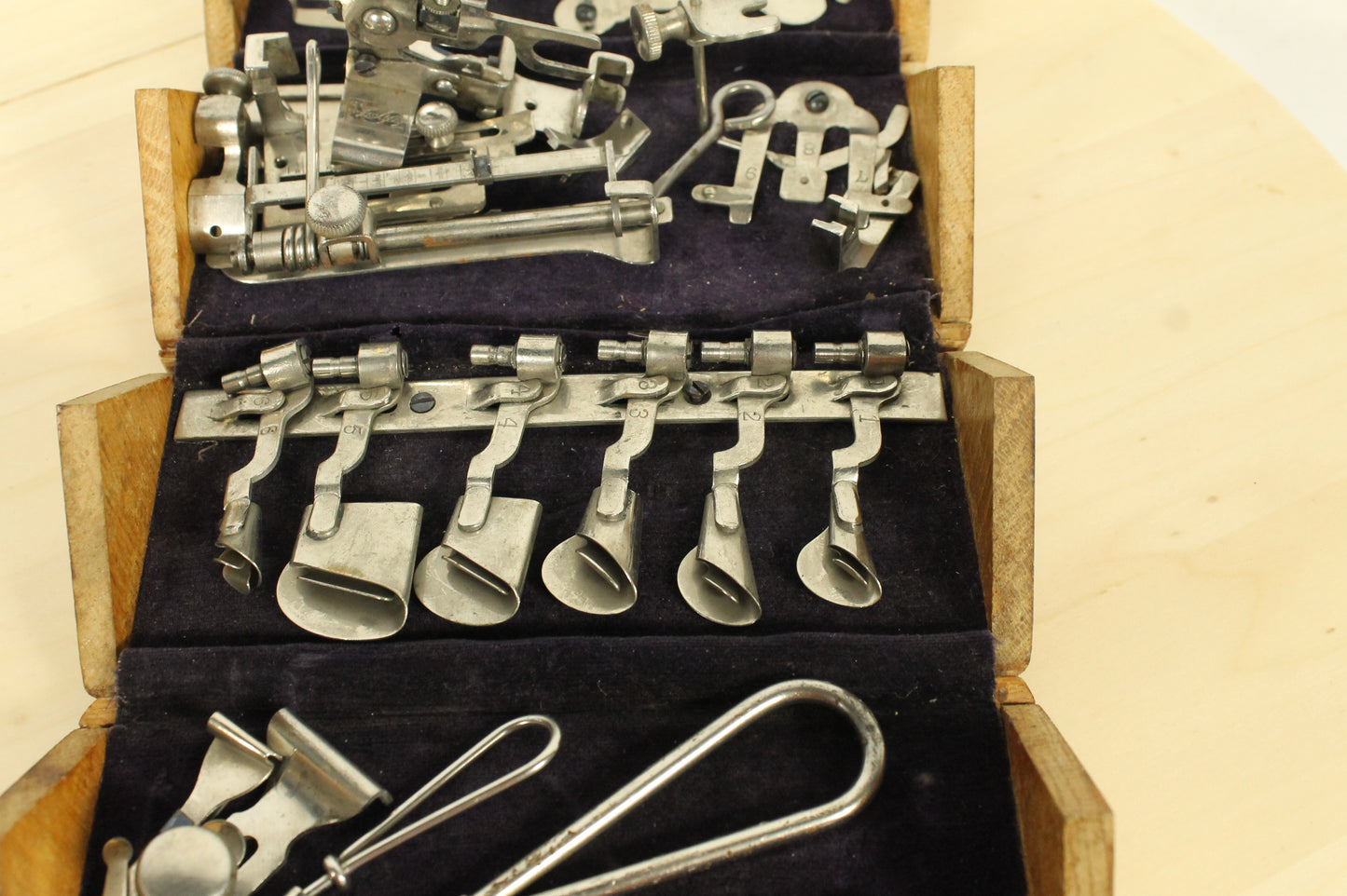 Antique 1889 Patented Singer Sewing Machine Attachment Set in Hinged Wooden Box