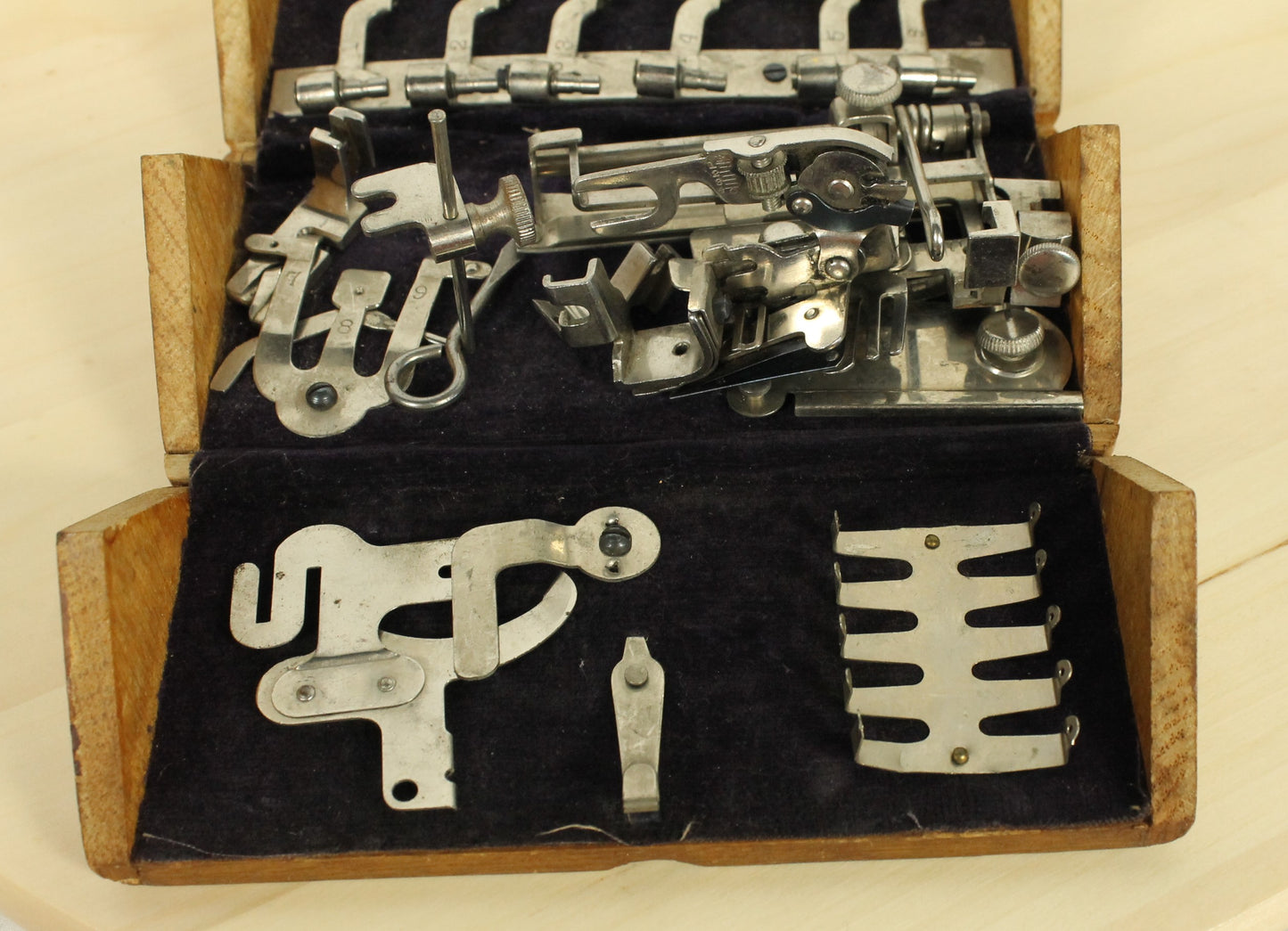 Antique 1889 Patented Singer Sewing Machine Attachment Set in Hinged Wooden Box