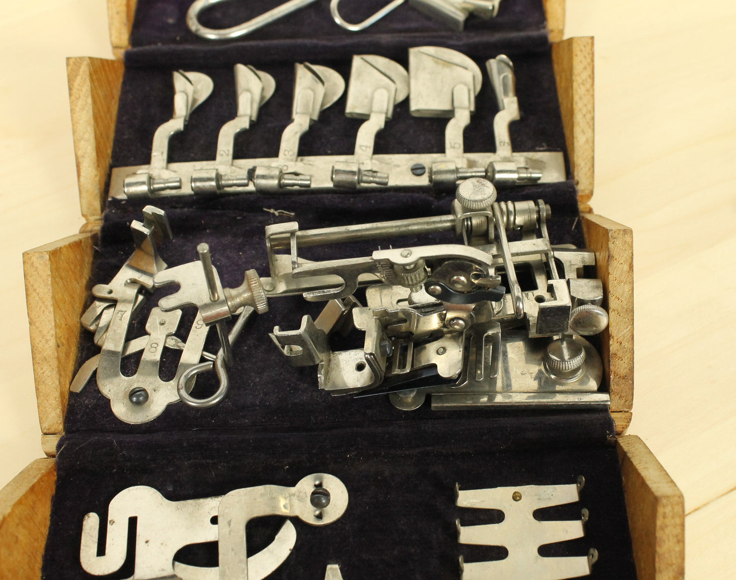 Antique 1889 Patented Singer Sewing Machine Attachment Set in Hinged Wooden Box