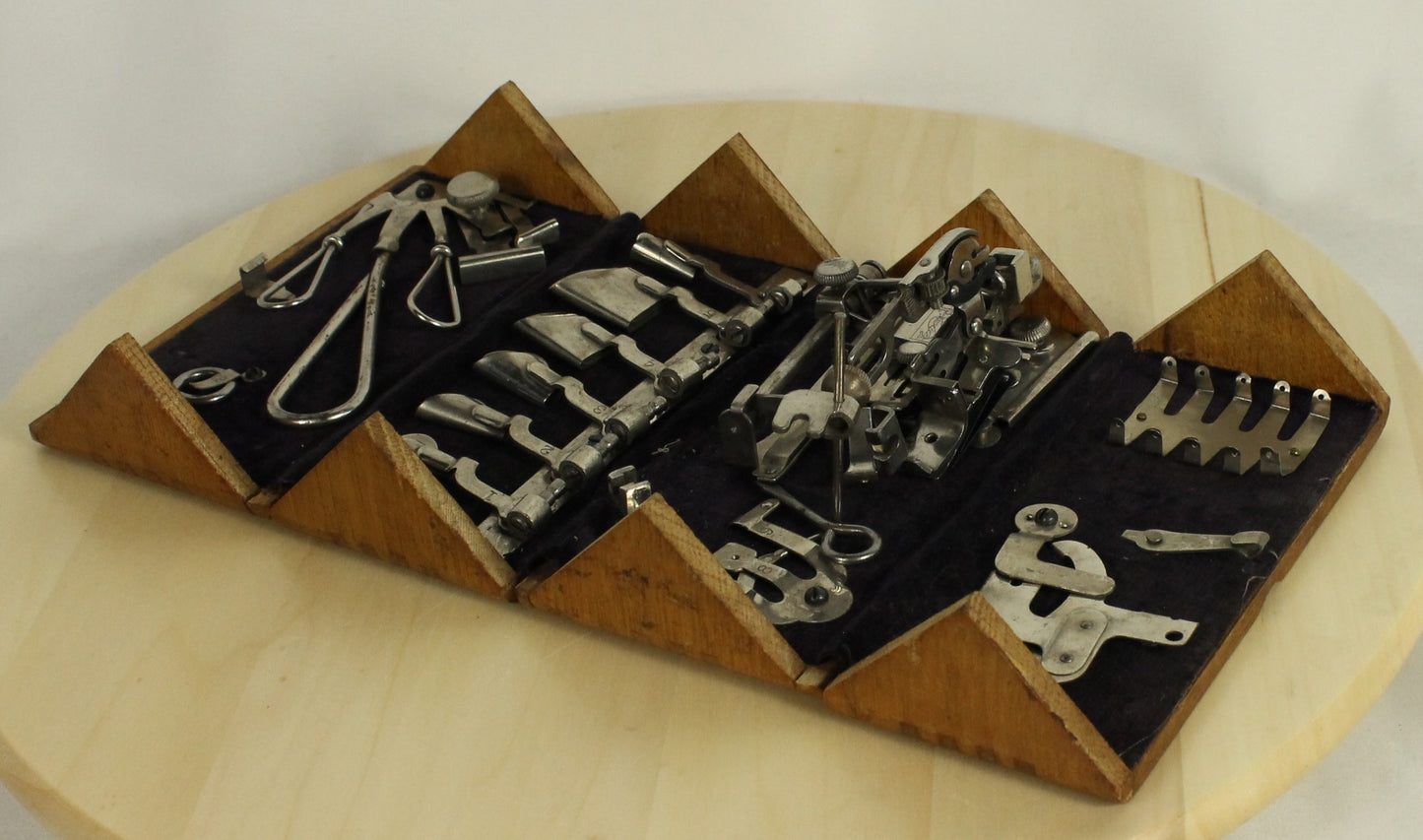 Antique 1889 Patented Singer Sewing Machine Attachment Set in Hinged Wooden Box