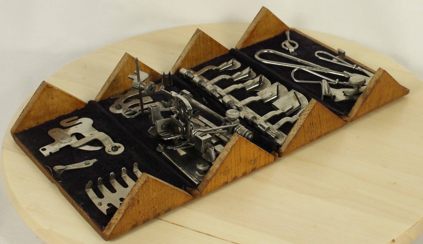 Antique 1889 Patented Singer Sewing Machine Attachment Set in Hinged Wooden Box
