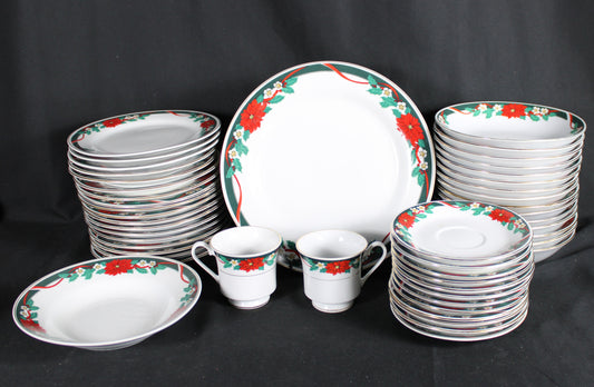 Christmas Poinsettia and Ribbon Dinnerware Set 49 pcs