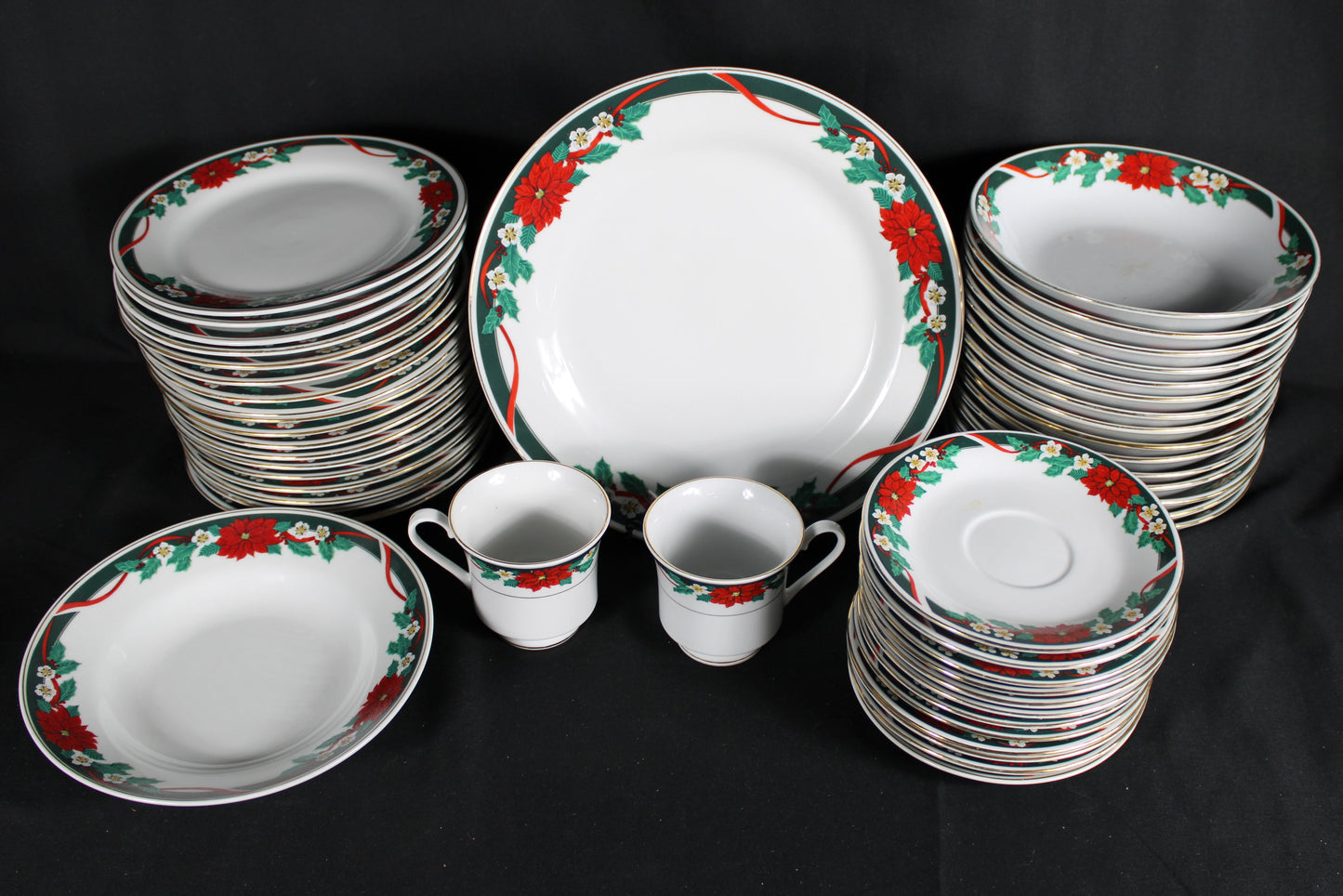 Christmas Poinsettia and Ribbon Dinnerware Set 49 pcs