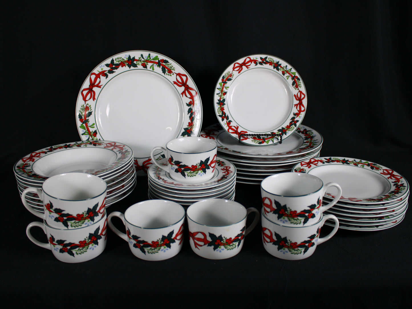 Christmas Ribbon and Holly Fine China Dinnerware Set of 38